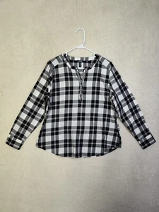 Izod Women Top Large Black Plaid Cotton Blend Long Sleeve Reguar Fit T-shirt - Picture 1 of 17