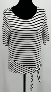 Chico's Womens Short Sleeve Front Tie Top Size 0 White Black Stripe Stretch - Picture 1 of 11