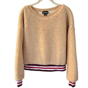 Joe Boxer Women’s Beige Sherpa Teddy Cropped Sweatshirt With Varsity Trim Size M - Picture 1 of 11