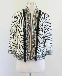 Chico's Off White Black Linen Zebra Print Fringe Beaded Jacket Chicos Size 0 - Picture 1 of 6