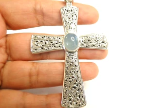 Blue Aquamarine 925 Sterling Silver Cross Pendant - Picture 1 of 5