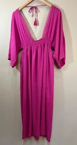 Damen Cien Hot Pink Häkelbesatz V-Ausschnitt Maxikleid Größe Large Resort Strand Boho - Bild 1 von 8