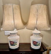 Hand Painted Floral Birds Blanc De Chine Table Lamps With Bamboo Shades - A PAIR
