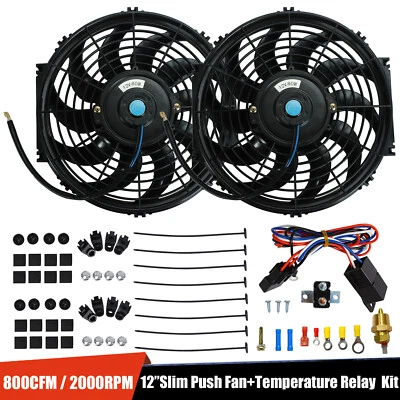 2PCS 12" Electric Cooling Fan Black & Push-In Radiator Fin Probe Thermostat Kit Foto 1 de 4