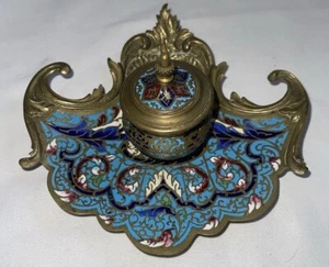 VTG Inkwell Brass Bronze Enamel Ink Pot Holder French Blue Ornamental - Picture 1 of 12