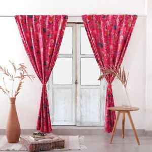 Vintage Velvet Window Curtain Boho Pink Color Bird Print Luxury Door Curtain