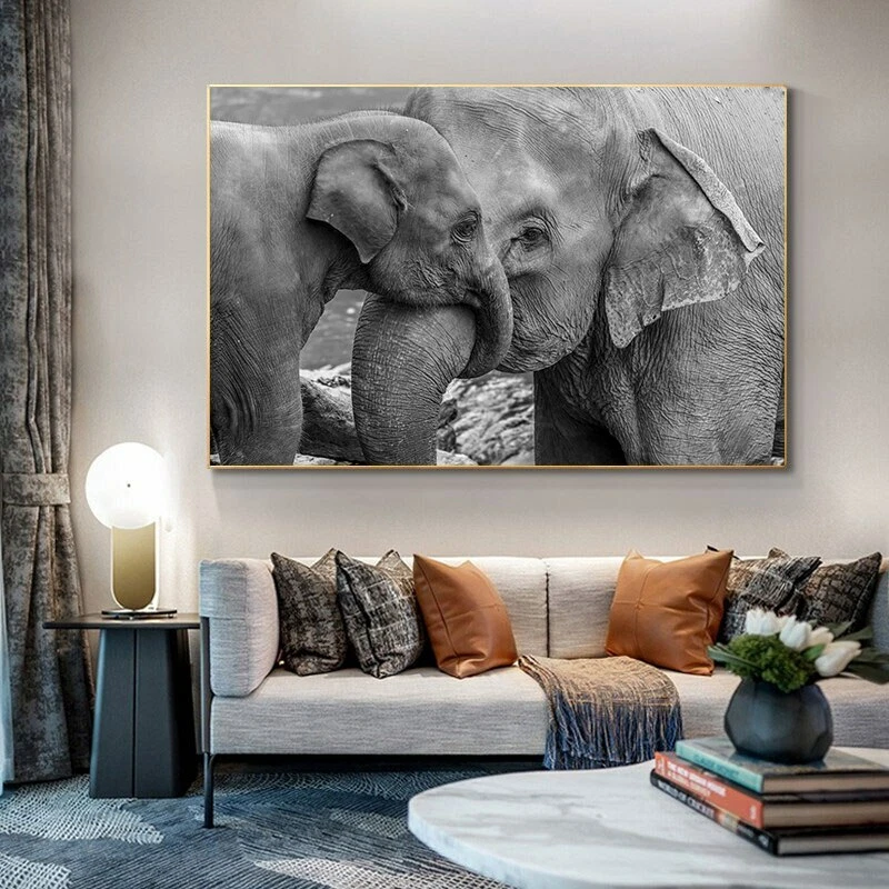 Quadro em tela de elefante preto e branco gravuras animais arte na parede - Imagem 1 de 4