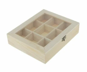 Unpainted Plain Wooden Jewelry Box 9 GRIDS WITH GLASS Keepsake Gift Storage 5pcs - Picture 1 of 7