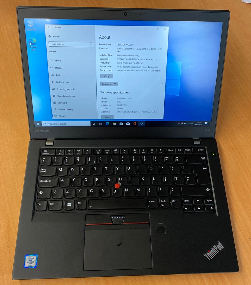 Lenovo THINKPAD T470S i5-6300u 8GB RAM 180GB Win 10Pro - Image 1 of 4