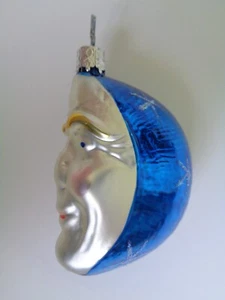 Vintage Inge Glas Media Luna Cara Vidrio Adorno de Navidad Azul Alemania Occidental - Imagen 1 de 15