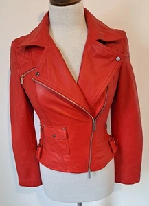 KAREN MILLEN - Classic Red 100% Real Leather Biker Style Zip Up Jacket - Size 10 - Picture 1 of 21