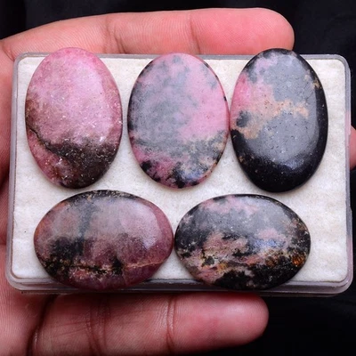 5 Pcs Natural Rhodonite 32mm-36mm Oval Cabochon Unheated Huge Loose Gemstones - Image 1 of 4