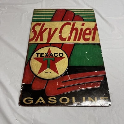Letrero de gasolina Texaco Sky Chief pintado de hojalata vintage reproducción de 10 X 16  Foto 1 de 4