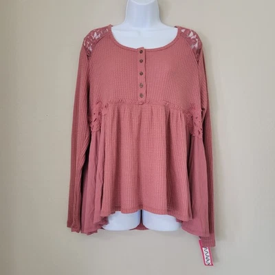 Xhilaration Womens Waffle Knit Baby Doll Tunic Long Sleeve Pullover Sz XXL Pink - Image 1 of 4