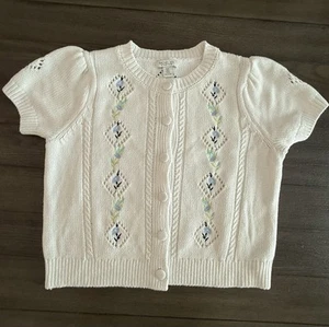 Rachel Zoe Größe 1X weiß blau Blumenstickerei Pullover Kurzarm Knopfleiste - Bild 1 von 6