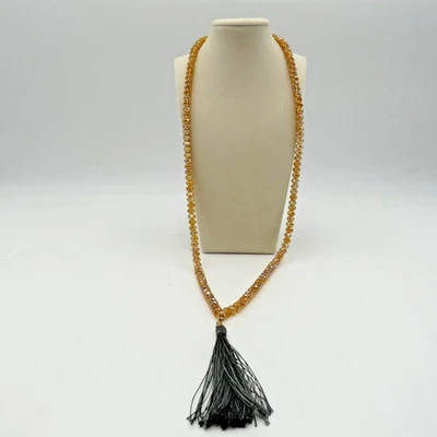 Faceted Amber Gold Crystal Bead Necklace Long Gray Tassel Boho Adjustable Women - Image 1 of 4