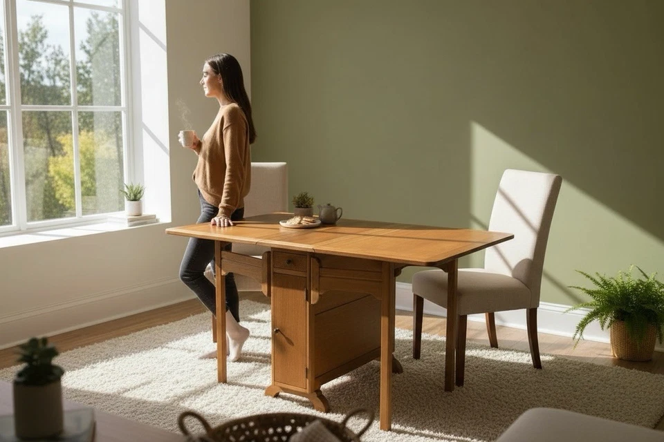 Harris Lebus Gate-Leg, Dining Table With Drawer & Cupboard To Each Side 6 Seater - Image 1 of 4