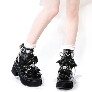 Japanese Women Boots Butterfly Knot Lace Buckle Chunky Heel Patent Leather Boots - Picture 1 of 27