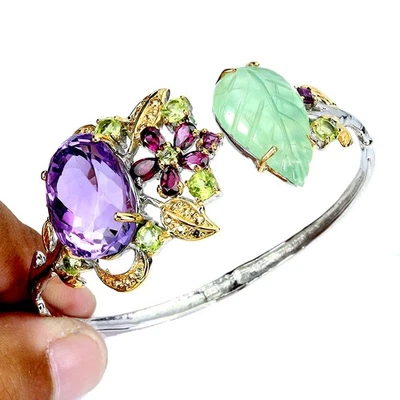 925 Sterling Silver Bangle Oval Amethyst 47ct Prehnite Handmade Gemstone 6.4 Ins - Image 1 of 4