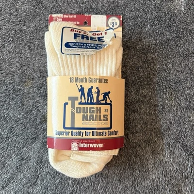 Vintage Interwoven “Tough As Nails” Thick Cushioned Crew Socks White Sz 10-13 - Image 1 of 4