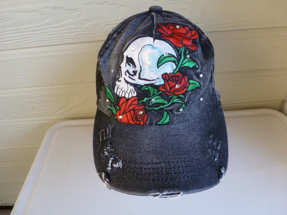 Cheveux Denim Hat Black Embroidered Skull Rose Distressed Strapback Boho - Image 1 of 4