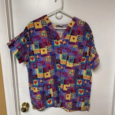 Peaches Uniforms Scrub Top – Multicolor Patchwork Print (L) – Used Good - Image 1 of 3