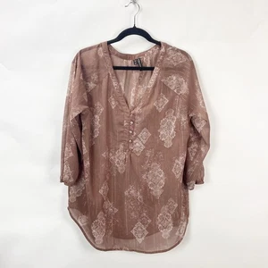 Blusa Top Maurices 0 1X Plus Para Mujer Marrón Dorado Transparente Estampado Floral Manga 3/4 - Imagen 1 de 7