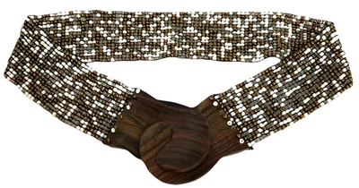 Chico’s Belt S/M Interlocking Wood Buckle Glass Beaded Bohemian Chic Stretchy - Image 1 of 4