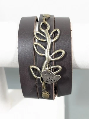 Brazalete envolvente de cuero marrón con dije de pájaro hoja árbol Boho Western 22 pulgadas Foto 1 de 4