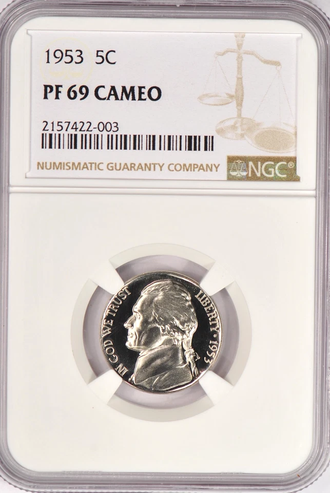 1953 Jefferson Nickel Proof NGC PF 69 CAMEO PR69CAM Frosty Coin 5C - Image 1 of 2