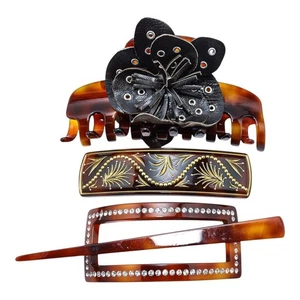 Lot Vintage Tortoise Lucite Hair Accessories Pin Claw Clip Barrette JOVY Paris - Picture 1 of 7