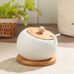 Wooden Lid Salt Shakers Ceramic Seasoning Jars Spice Organizer Box Spoon Set - Picture 1 of 30