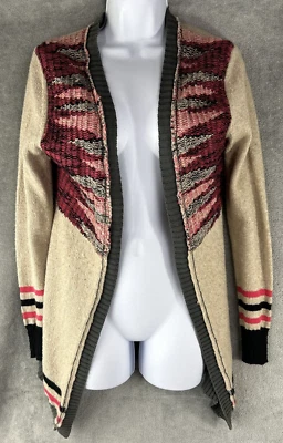 Cárdigan boho azteca BKE by Buckle para mujer pequeño frente abierto marrón rosa gris Foto 1 de 4