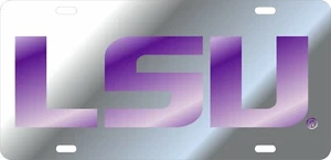 LSU TIGRES ESPEJO ACRÍLICO ETIQUETA DE COCHE PLATA CON PÚRPURA NUEVO LOGOTIPO LSU CORTE LÁSER INCRUSTADO - Imagen 1 de 5