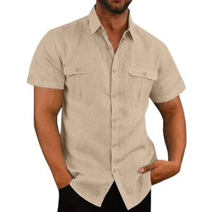 Cotton Linen Men Shirt Short Sleeved Summer Casual Solid Colour Stand Up Collar - Picture 1 of 14