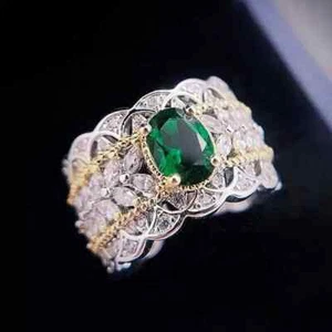 3.00Ct Lab Created Emerald Vintage Art Deco Wedding Ring 14K White Gold Plated - Picture 1 of 6