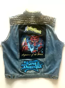 VTG Denim Jacket Battle Vest Heavy Metal Studs Judas Priest King Diamond XL - Picture 1 of 10