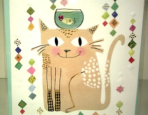 RARE Papyrus 3D Blank Card Embossed Cat Gel Fish Bowl Jewel Heart Gold Foil HTF - Picture 1 of 3