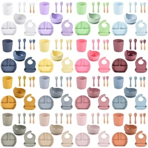 8 Pcs Baby Silicone Bib Divided Dinner Plate Sucker Bowl Spoon Fork Cup Set Dish - Picture 1 of 9