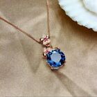14K Rose Gold Plated Lab Created 2Ct Round Blue Sapphire Women's Beauty Pendant