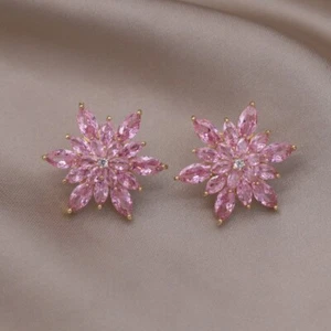 14k Gold Plated Pink Diamond Simulated Crystal Snowflake Stud Earrings - Picture 1 of 5