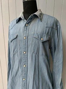 Edifice 46 Japón Camisa de Trabajo Western Denim Azul Sólido Botones a Presión Descoloridos - Imagen 1 de 14