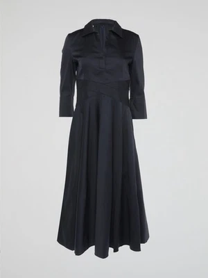 Vestido Akris Punto Mangas 3/4 Cuello en V Azul Marino Camisa Midi Algodón Talla 16 Foto 1 de 4