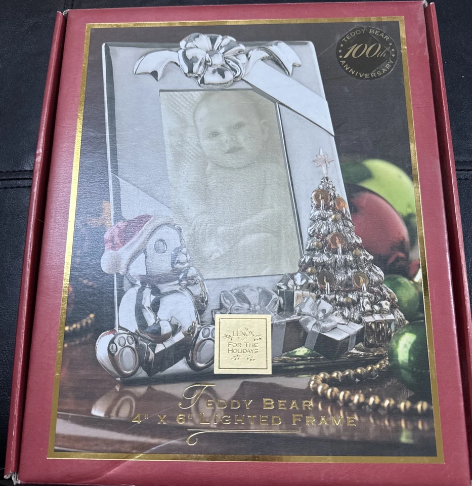 LENOX Christmas Silver Plated Teddy Bear Photo Frame Holds 4x6 Photo