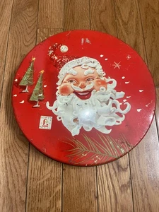 Vintage Santa Claus Lofts Candy Tin Christmas Holiday Red 10" Round - Picture 1 of 7