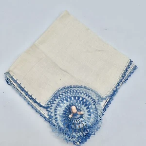Vintage Handkerchief Blue Baby Shower Keepsake Hankie Crochet Plastic Baby 11" - Picture 1 of 5