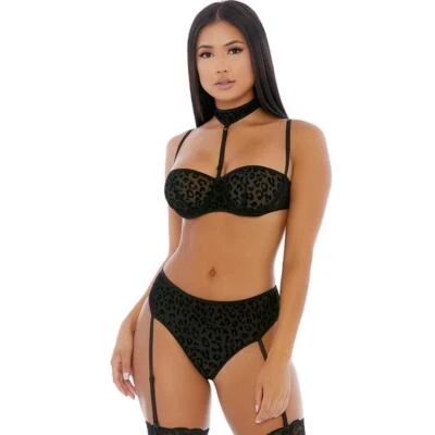 Conjunto de sujetador de malla con estampado de guepardo gargantilla con aros liguero panty negro 779510 XL Foto 1 de 4