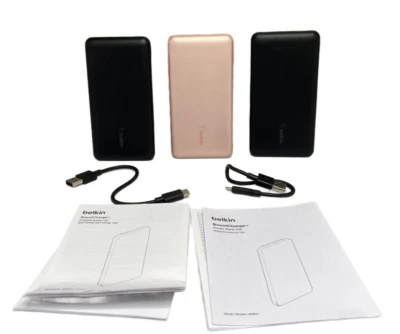 Lot of 3 Belkin 10000mAh Power Bank 15W with USB-A and USC-C - 2 Black 1 Pink - Image 1 of 4