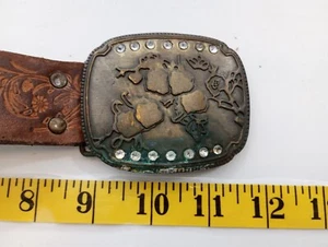 Vintage tin? belt buckle with carved leather belt and rhinestones - Picture 1 of 7