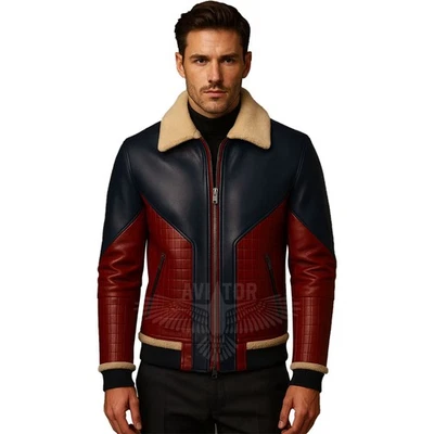 Men's Premium Handmade Navy Blue & Red Leather Biker Fur Collared Style Jacket - Image 1 of 4